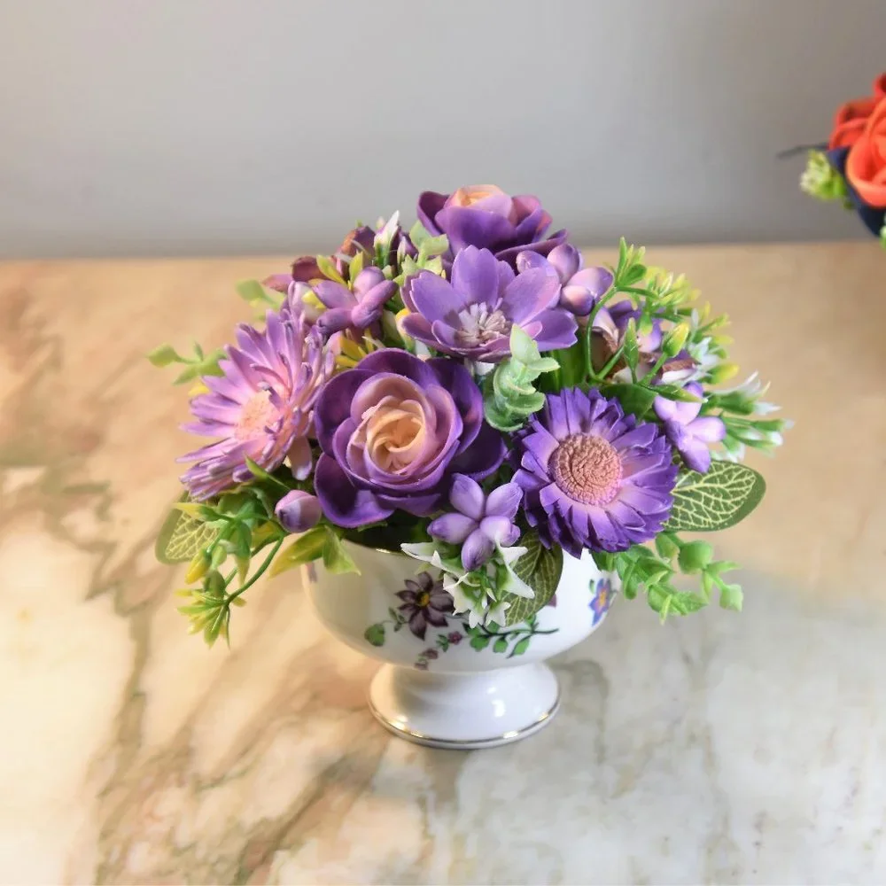 Pretty vintage pedestal sherbet bowl filled with hand painted Sola wood flowers